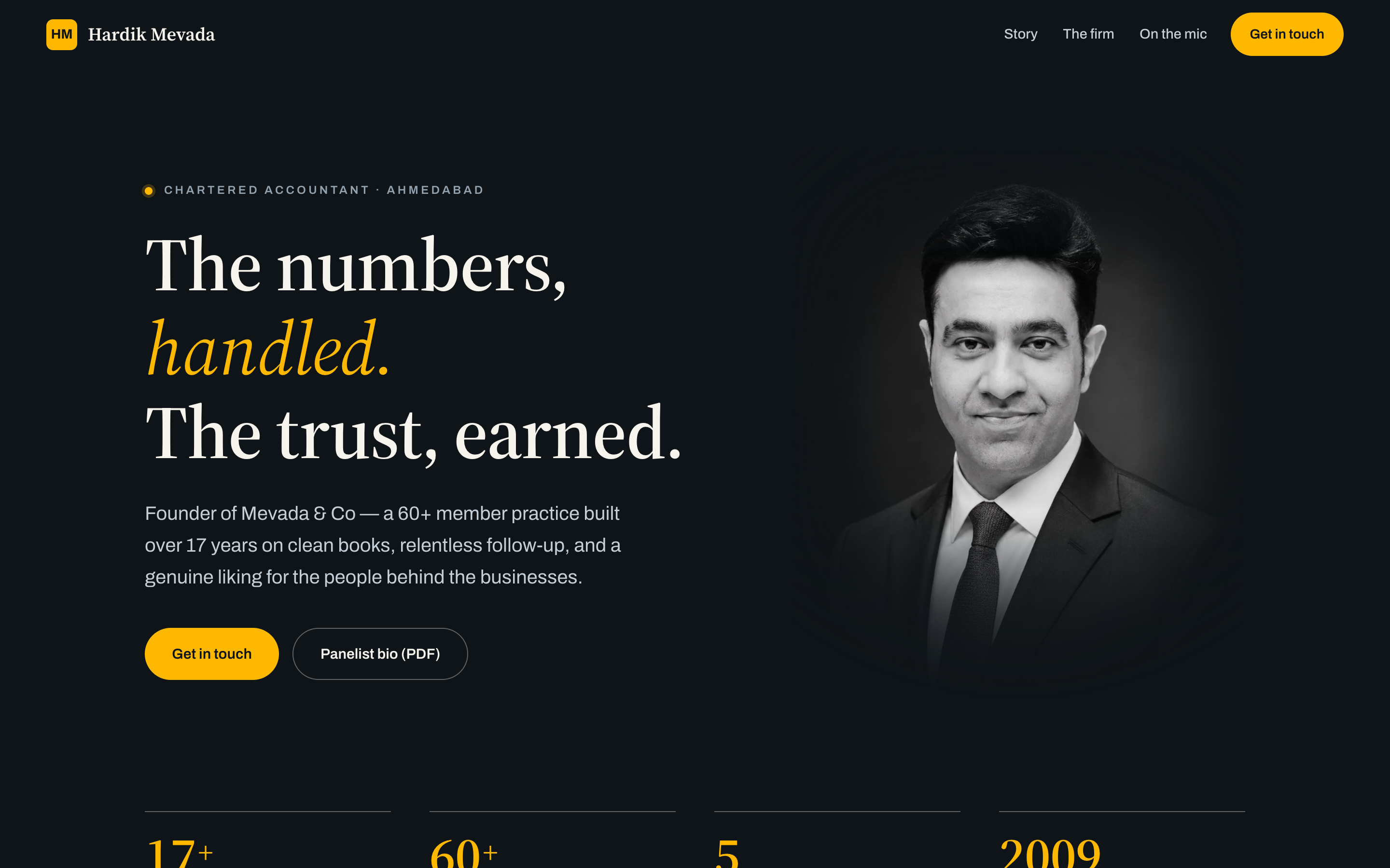 Hardik Mevada website: dark hero with a portrait and “The numbers, handled. The trust, earned.”