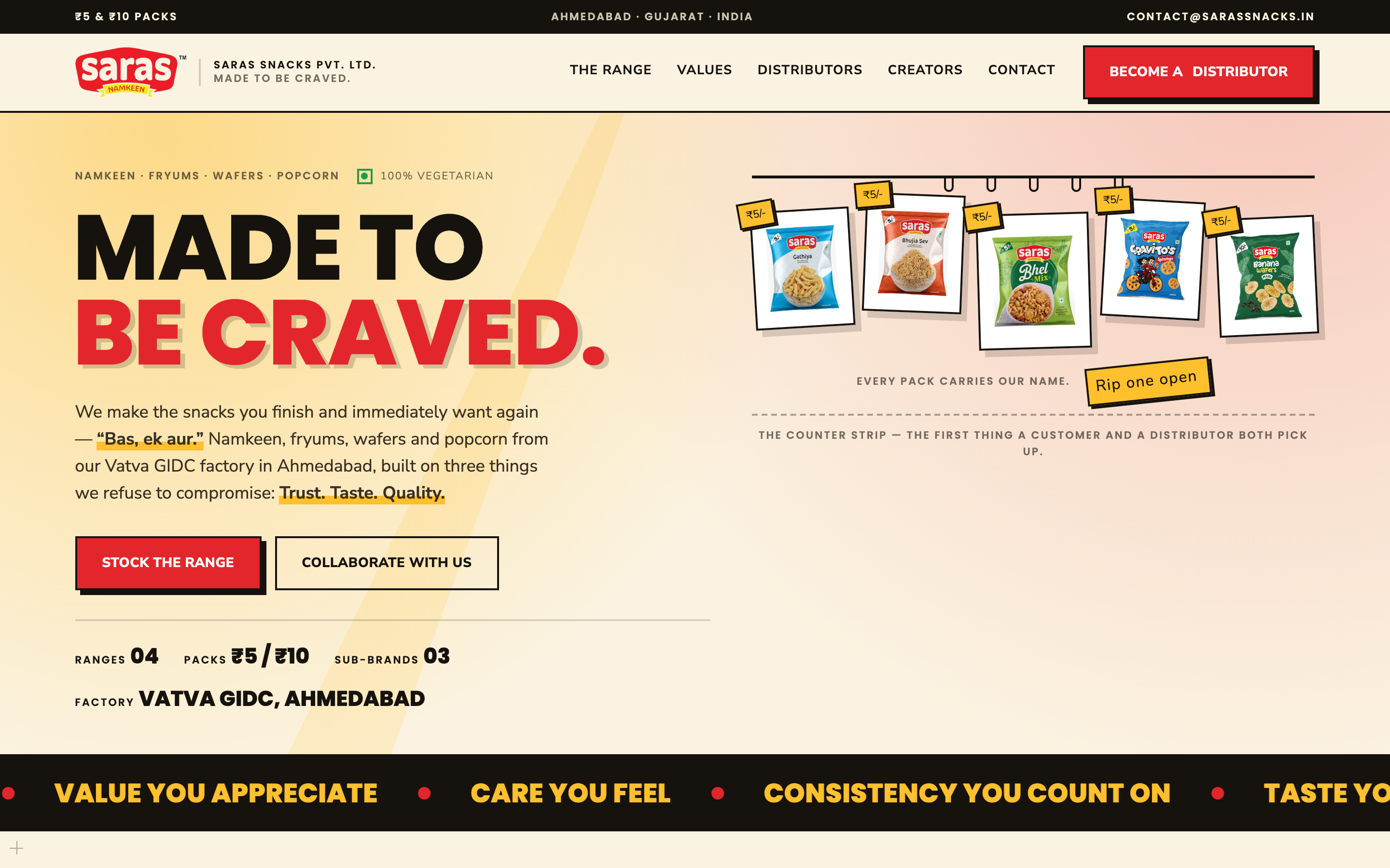 Saras Snacks website: “Made to be craved” hero with snack packs pegged on a string