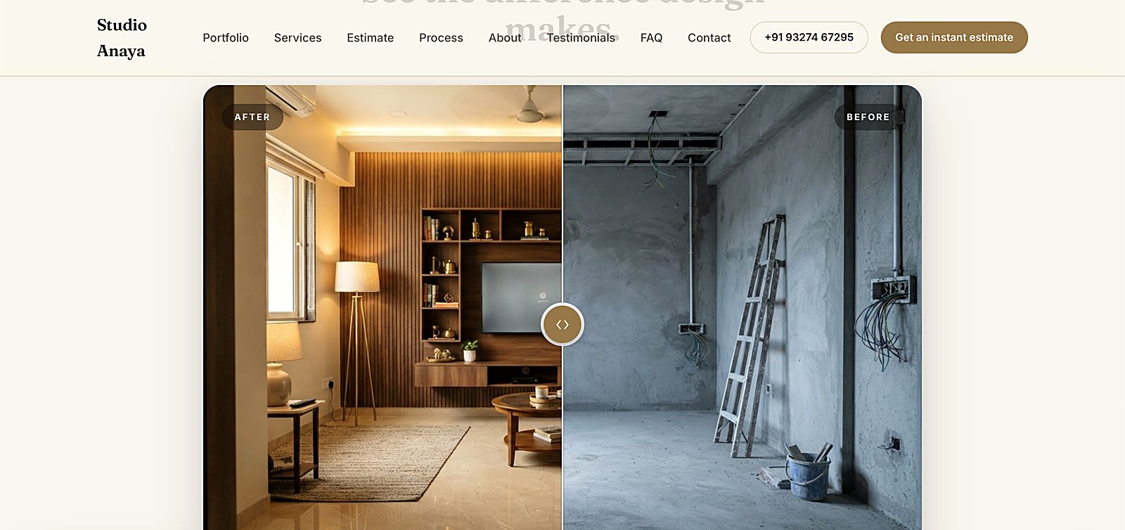 Interiors demo homepage — Studio Anaya interior design site built by Mizuron